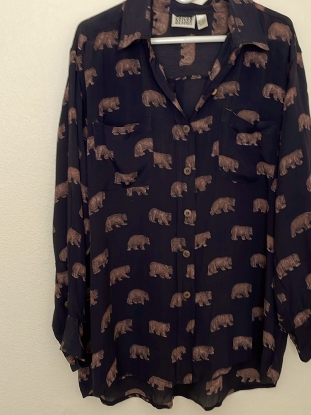 Chico's Black Button-Down Shirt with Brown Bear Print
